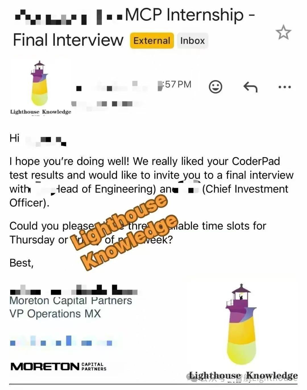 Moreton Capital Partners final interview email