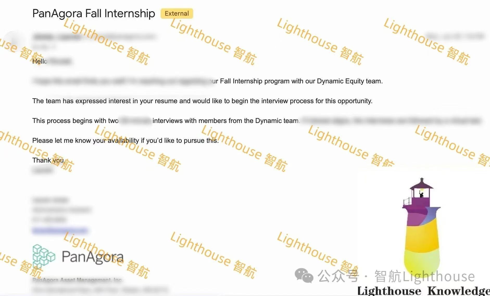 PanAgora Fall Internship interview email